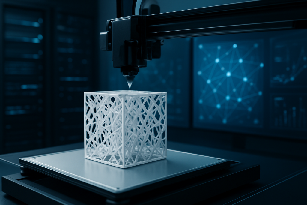 3D printer creating a complex design structure in a modern tech environment