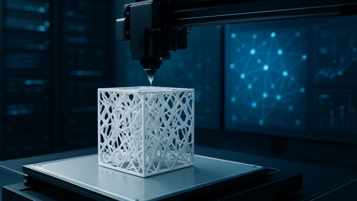 3D printer creating a complex design structure in a modern tech environment