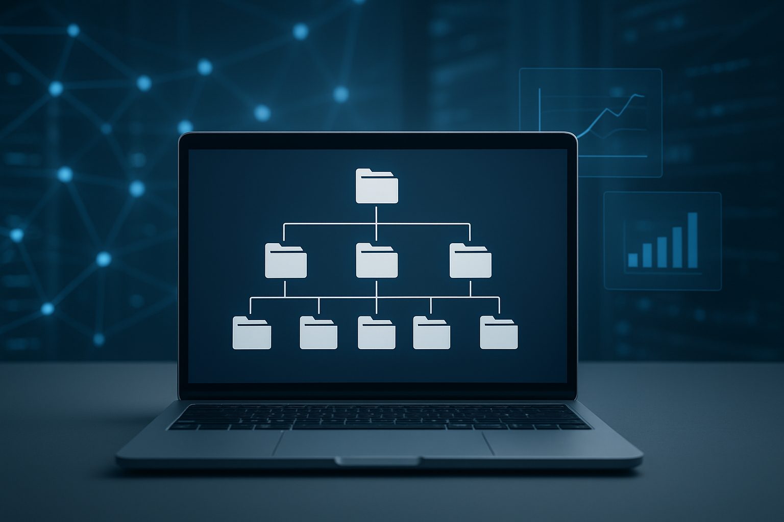 A diagram of folder structures displayed on a laptop screen against a tech-inspired background.